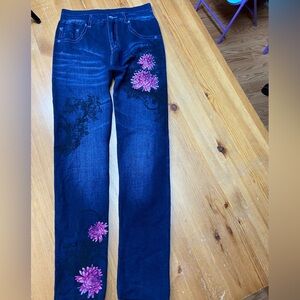 Dark Blue Leggings with Pink Floral Jean Design